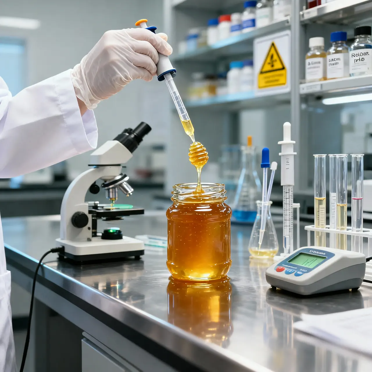 Scientific testing facilities ensuring honey purity, quality standards, and safety compliance.