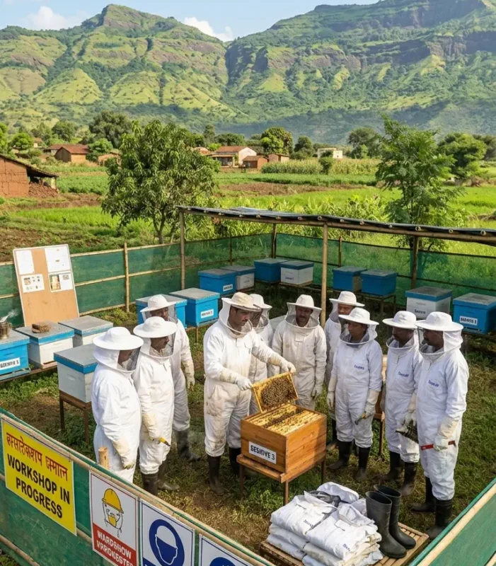 Farmers participate in hands-on sessions to learn hive management and honey extraction techniques.