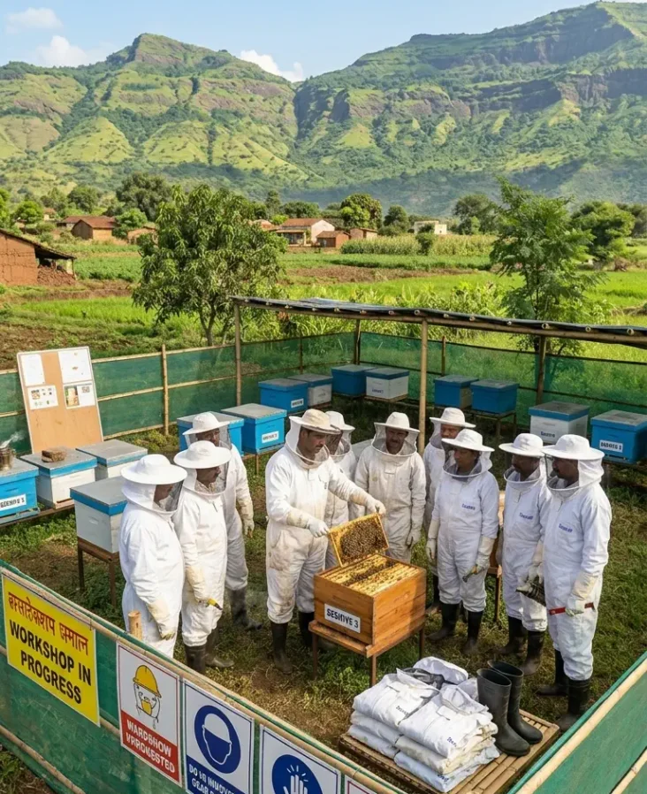 Farmers participate in hands-on sessions to learn hive management and honey extraction techniques.