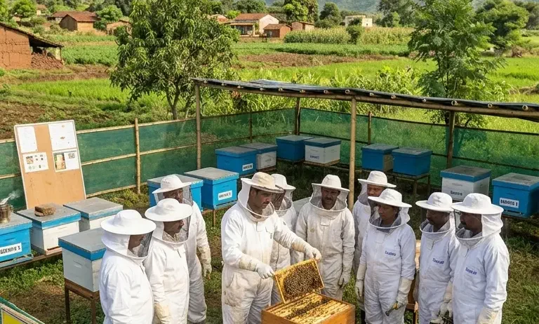 Farmers participate in hands-on sessions to learn hive management and honey extraction techniques.