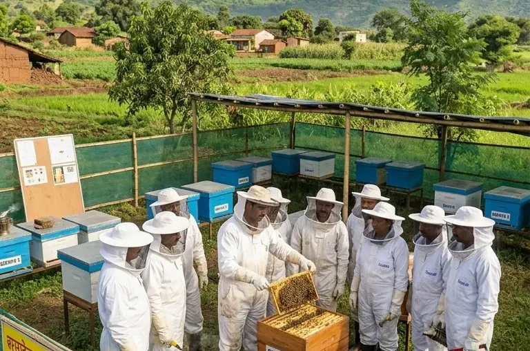 Farmers participate in hands-on sessions to learn hive management and honey extraction techniques.