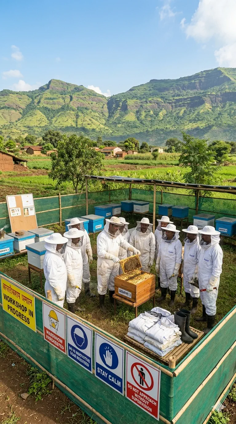 Farmers participate in hands-on sessions to learn hive management and honey extraction techniques.
