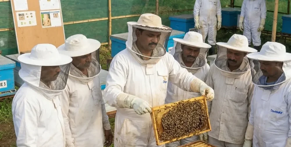 Farmers process honey using hygienic methods to improve quality and storage.