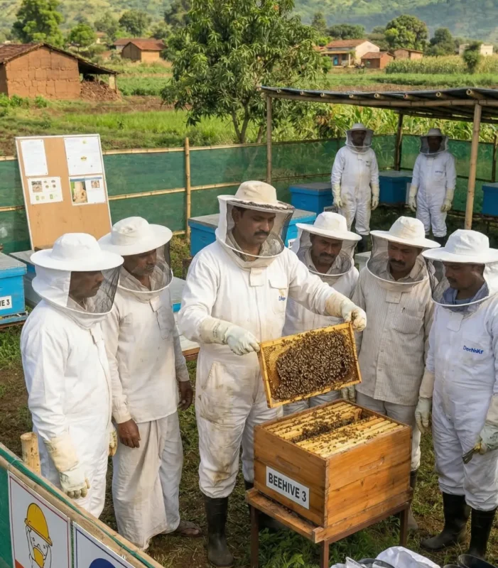 Farmers process honey using hygienic methods to improve quality and storage.