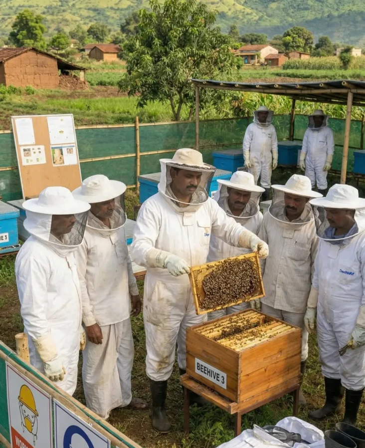 Farmers process honey using hygienic methods to improve quality and storage.