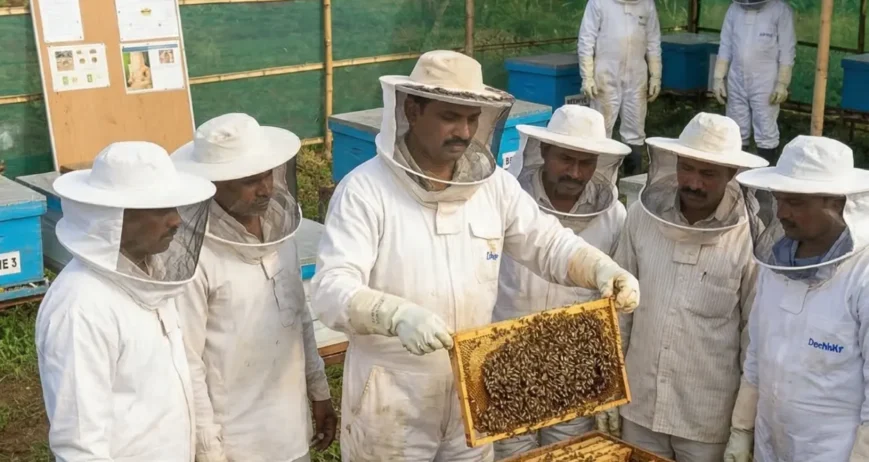 Farmers process honey using hygienic methods to improve quality and storage.
